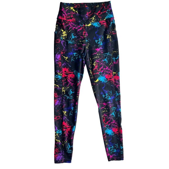 Pop flex Womens High-Waisted Black Leggings With Colorful Splatter Print & Pocke - Picture 1 of 7